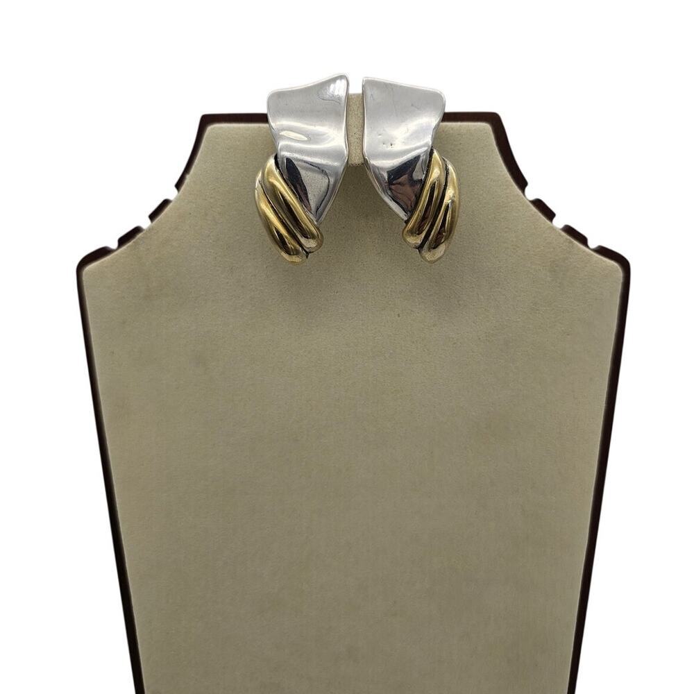 VTG Estate Sterling Silver Modernist Puffy Large Clip On Earrings Signed